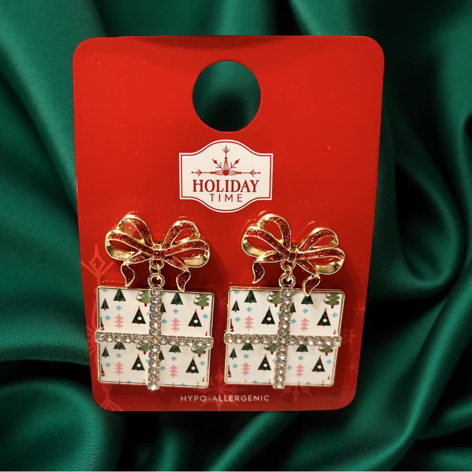 Christmas Earrings Holiday Time Red And Gold Gift Box Earrings Nwt